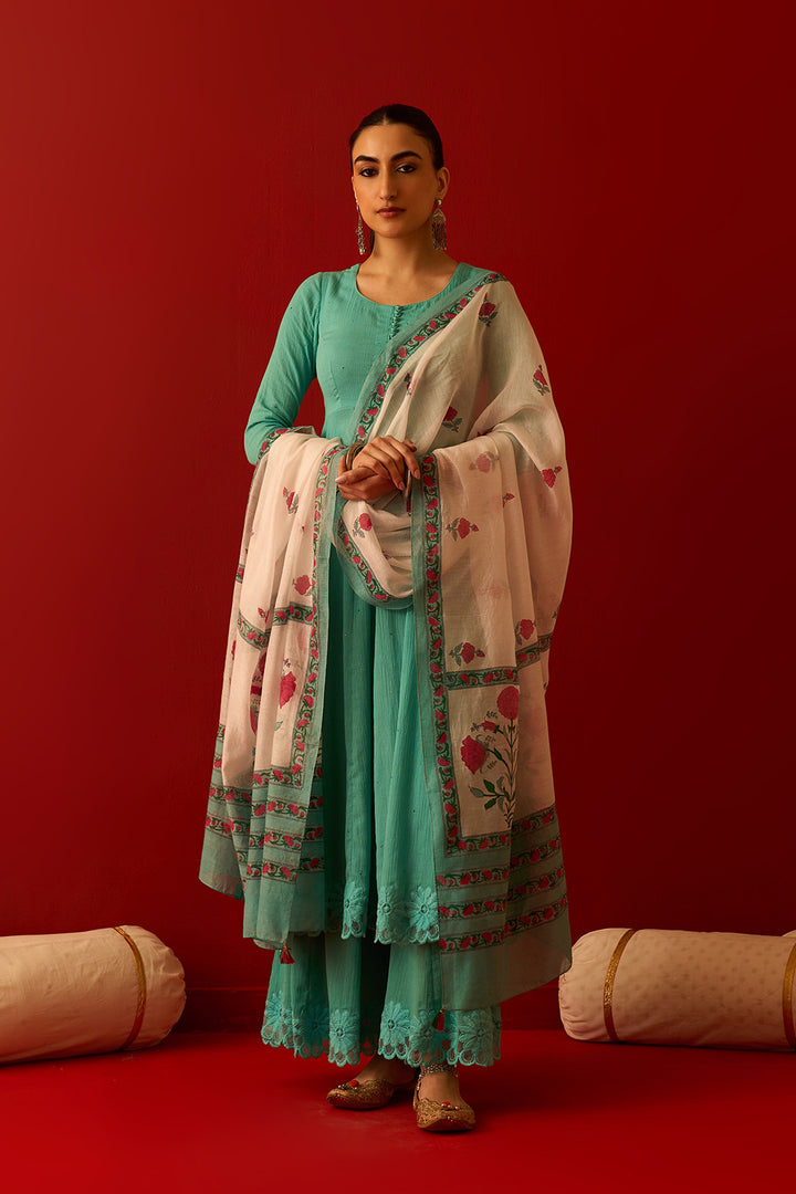 Chaand Raat Turquoise Solid mukaish kurta with sharara and mughal block print dupatta (set of 3)
