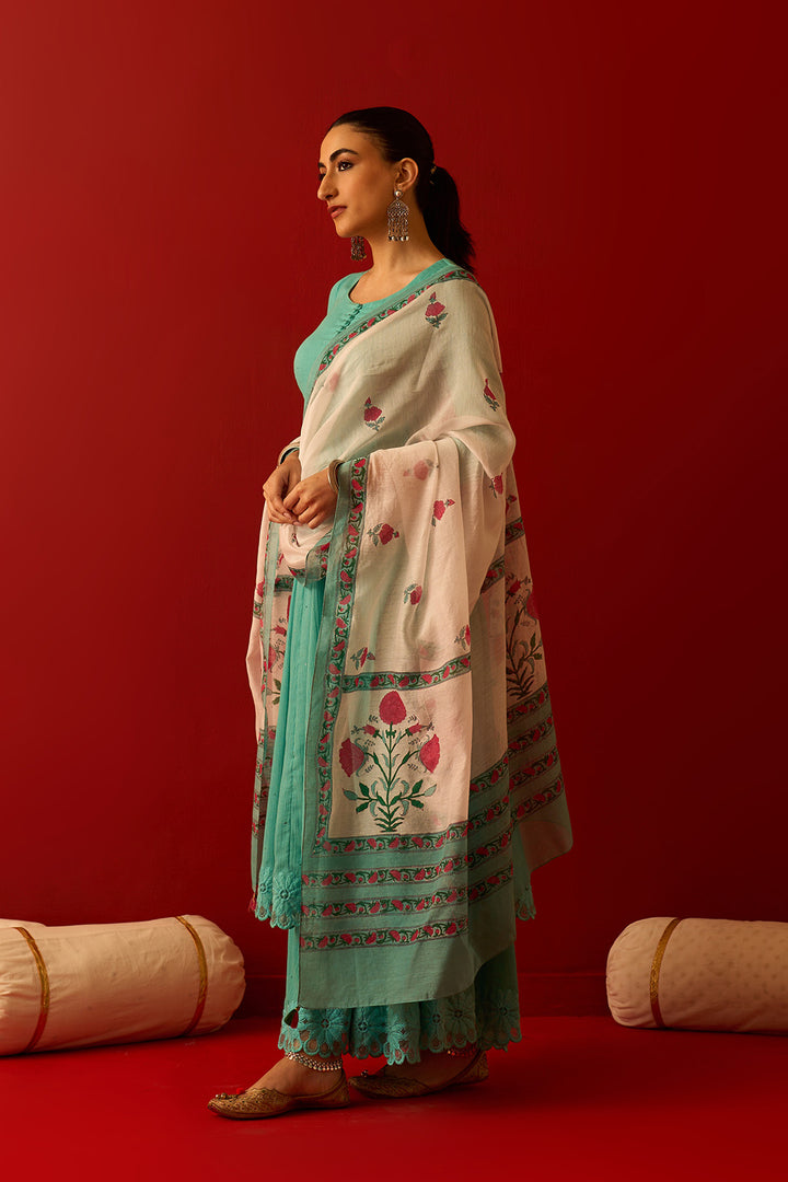 Chaand Raat Turquoise Solid mukaish kurta with sharara and mughal block print dupatta (set of 3)