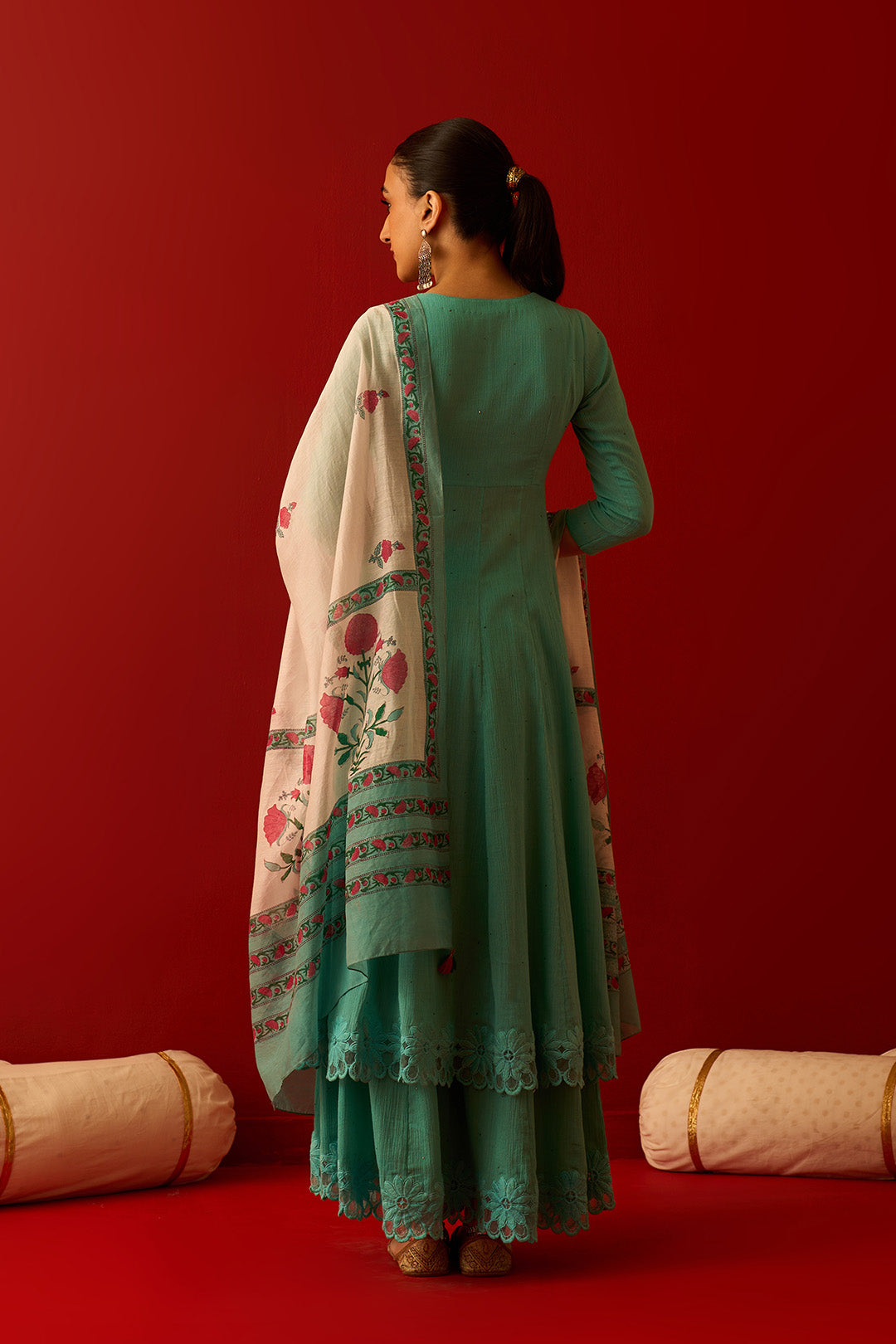 Chaand Raat Turquoise Solid mukaish kurta with sharara and mughal block print dupatta (set of 3)