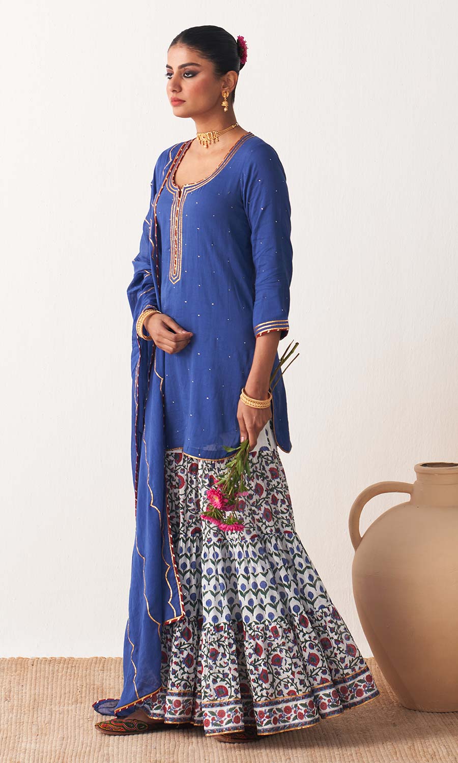 Kimaya 2.0 Block Print Blue Solid Mukaish Kurta with Block Printed Garara and Duaptta (Set of 3)