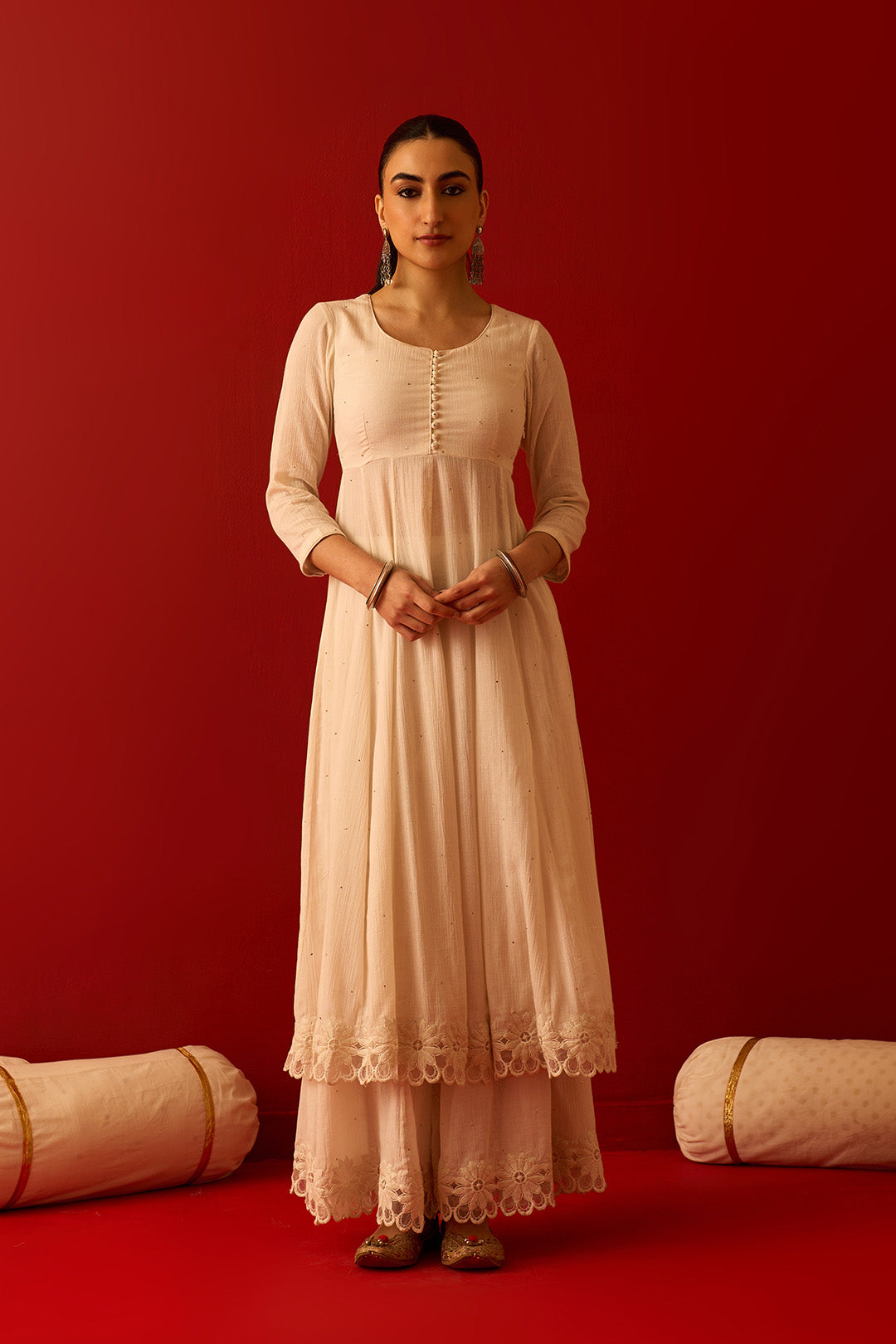 Chaand Raat Off White Solid mukaish kurta with sharara and mughal block print dupatta (set of 3)