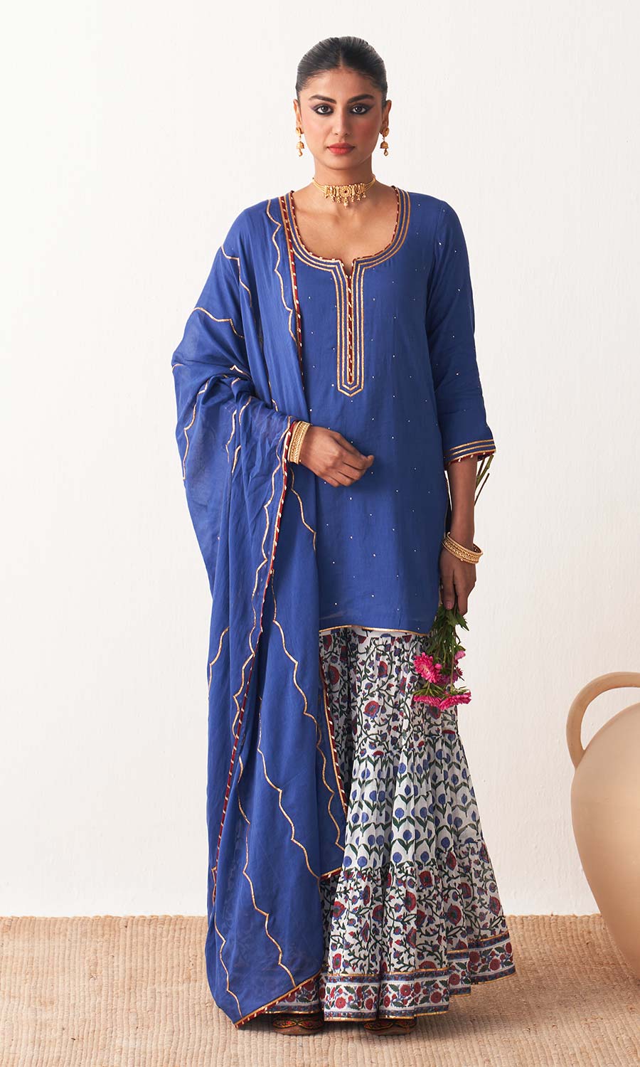 Kimaya 2.0 Block Print Blue Solid Mukaish Kurta with Block Printed Garara and Duaptta (Set of 3)