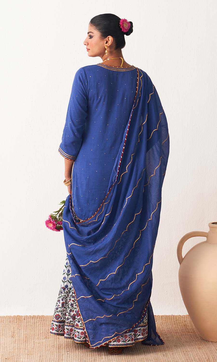 Kimaya 2.0 Block Print Blue Solid Mukaish Kurta with Block Printed Garara and Duaptta (Set of 3)