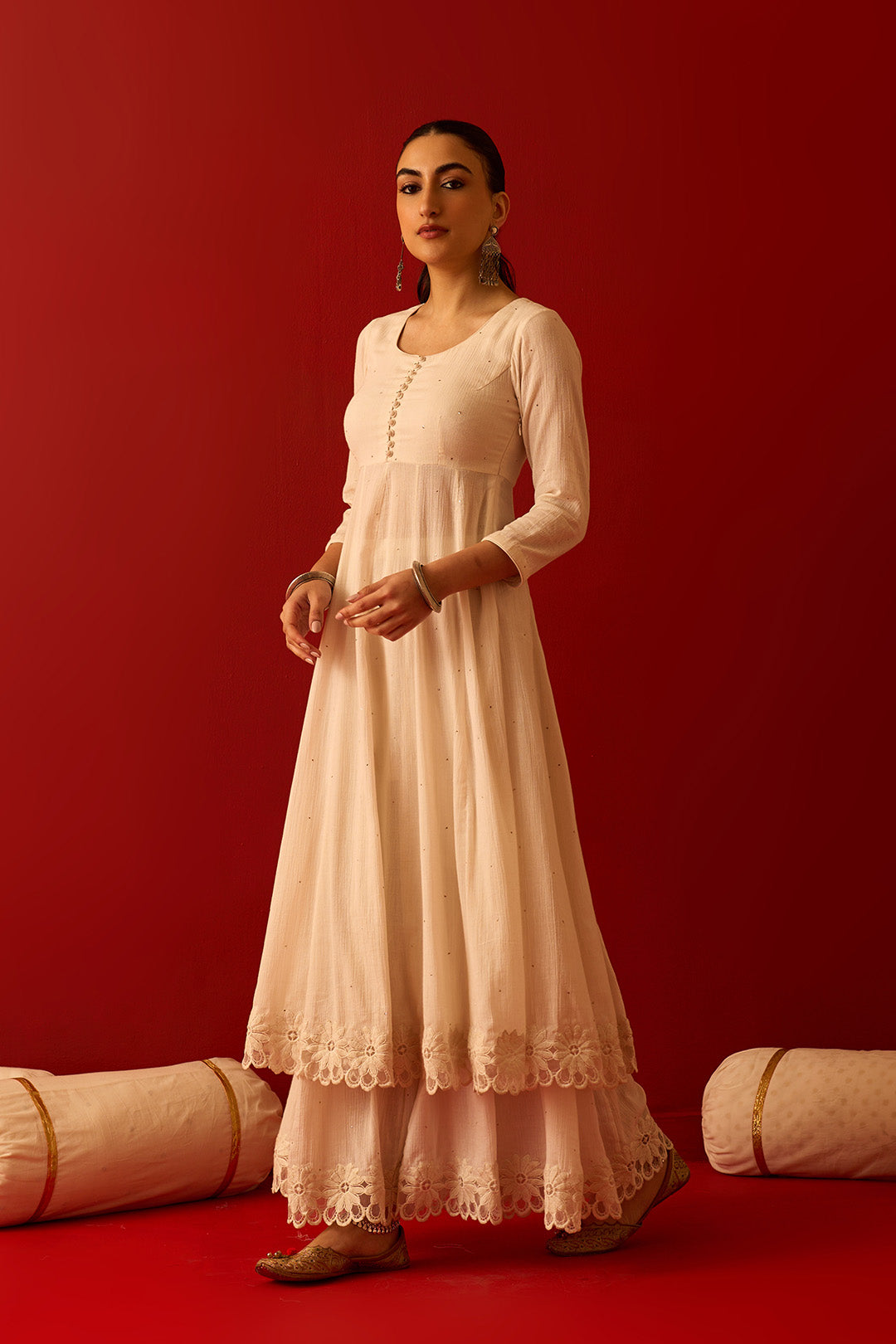 Chaand Raat Off White Solid mukaish kurta with sharara and mughal block print dupatta (set of 3)