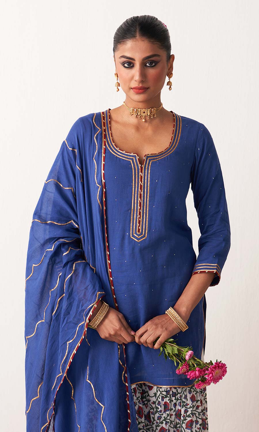 Kimaya 2.0 Block Print Blue Solid Mukaish Kurta with Block Printed Garara and Duaptta (Set of 3)