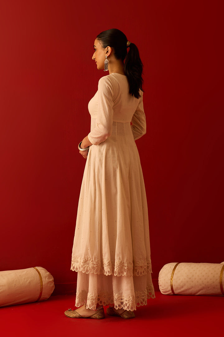 Chaand Raat Off White Solid mukaish kurta with sharara and mughal block print dupatta (set of 3)