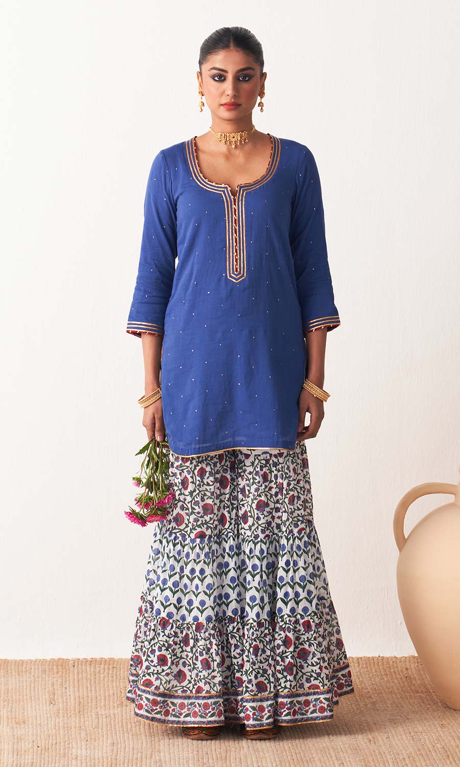 Kimaya 2.0 Block Print Blue Solid Mukaish Kurta with Block Printed Garara and Duaptta (Set of 3)