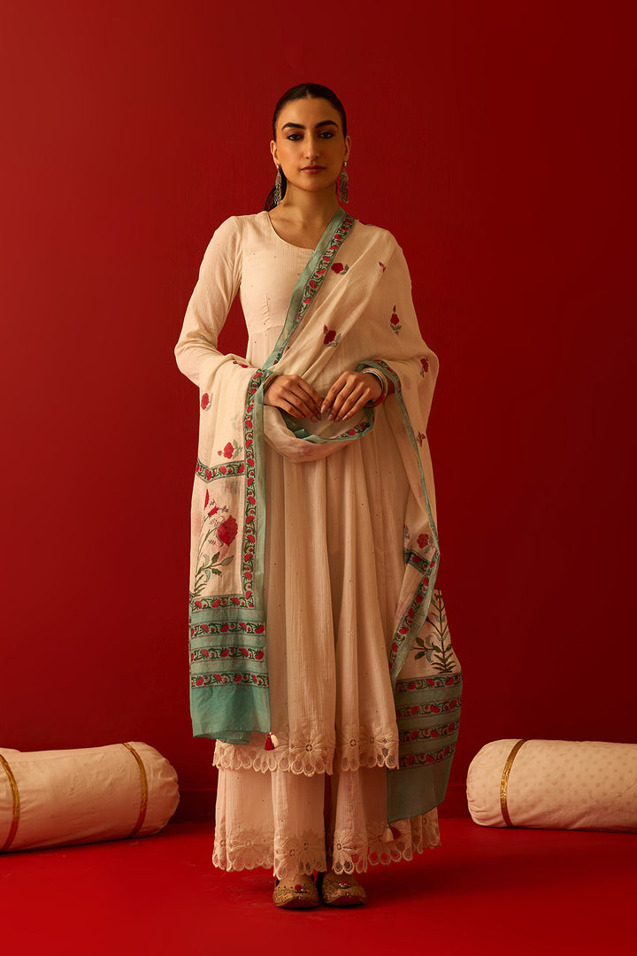 Chaand Raat Off White Solid mukaish kurta with sharara and mughal block print dupatta (set of 3)