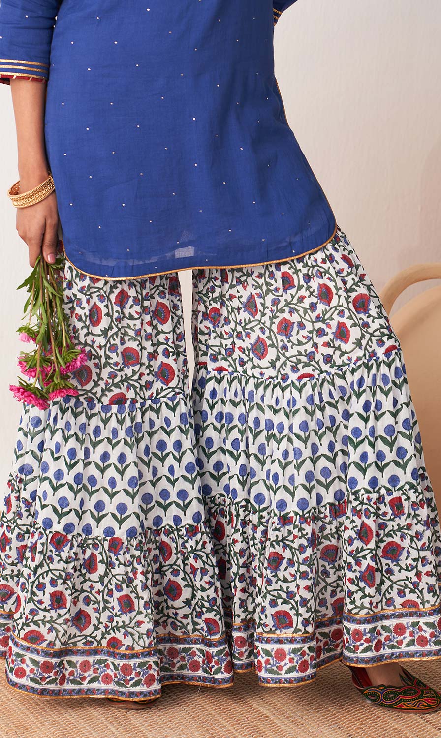 Kimaya 2.0 Block Print Blue Solid Mukaish Kurta with Block Printed Garara and Duaptta (Set of 3)