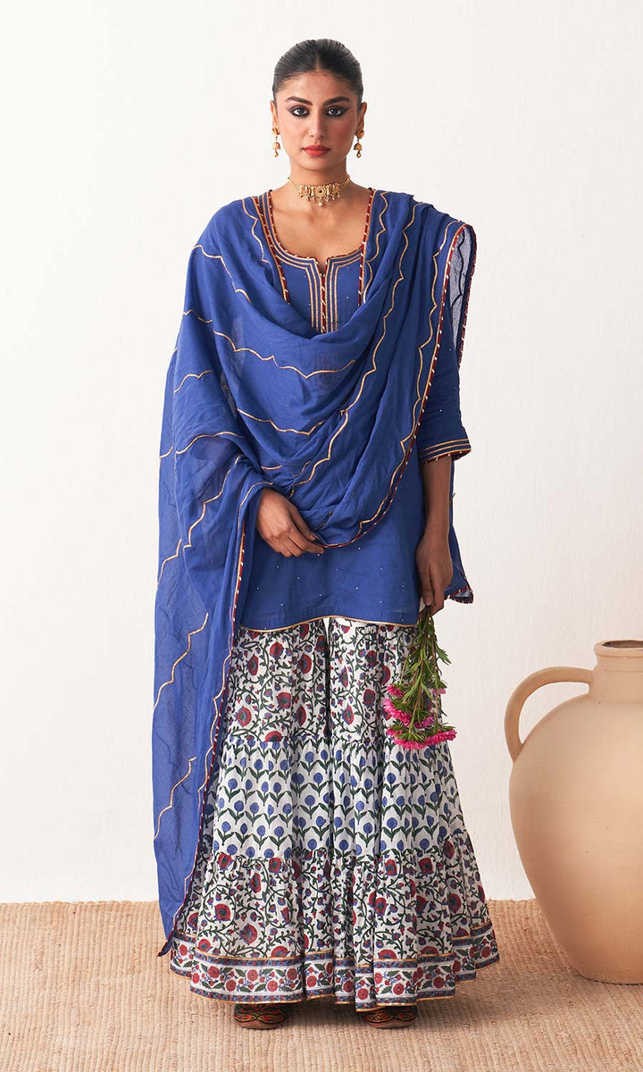 Kimaya 2.0 Block Print Blue Solid Mukaish Kurta with Block Printed Garara and Duaptta (Set of 3)