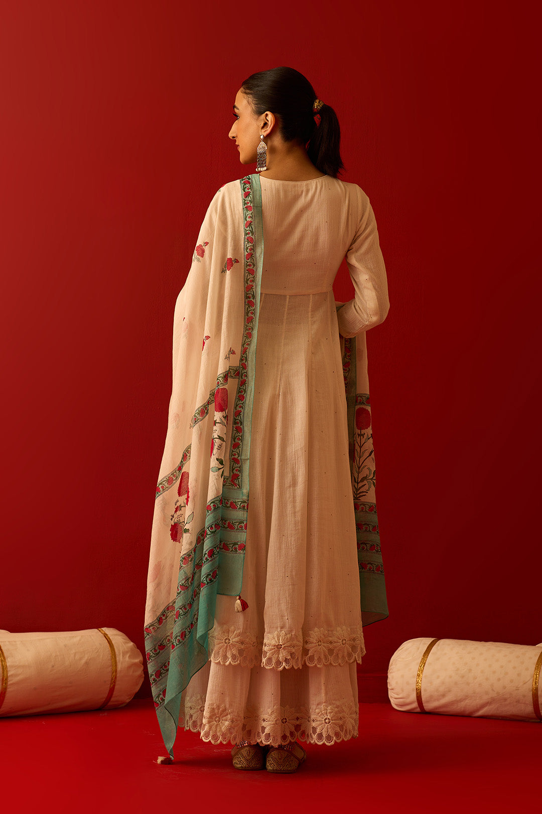 Chaand Raat Off White Solid mukaish kurta with sharara and mughal block print dupatta (set of 3)