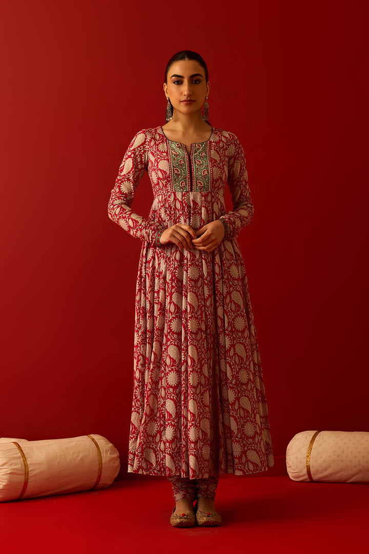 Chaand Raat Red Block printed anarkali with churidar and dupatta (set of 3)