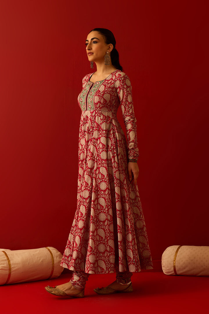 Chaand Raat Red Block printed anarkali with churidar and dupatta (set of 3)