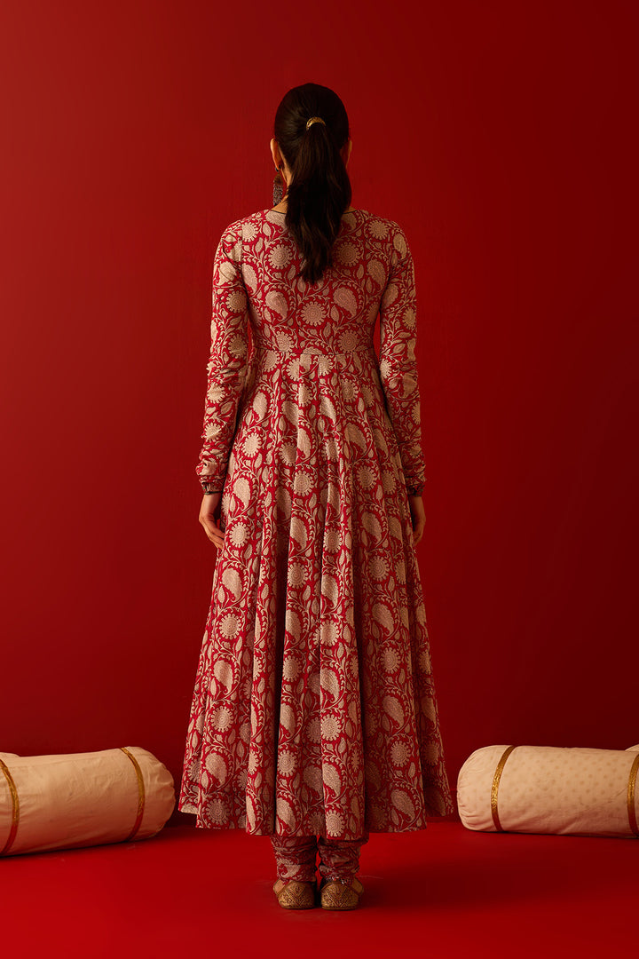 Chaand Raat Red Block printed anarkali with churidar and dupatta (set of 3)