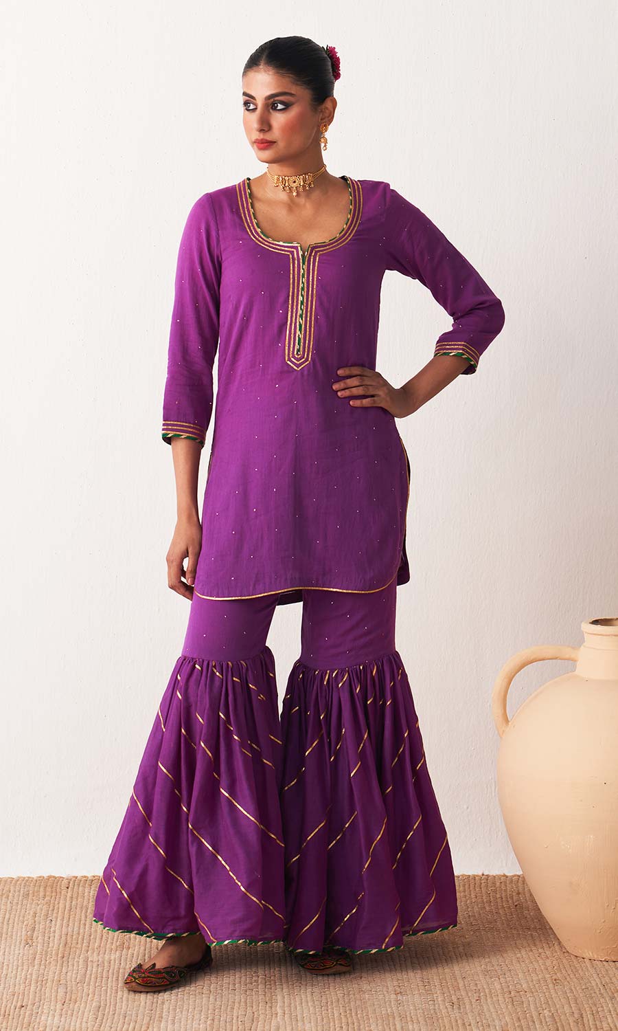 Kimaya 2.0 Block Print Wine Solid Mukaish Kurta with Gota Work Garara and Duaptta ( set of 3)