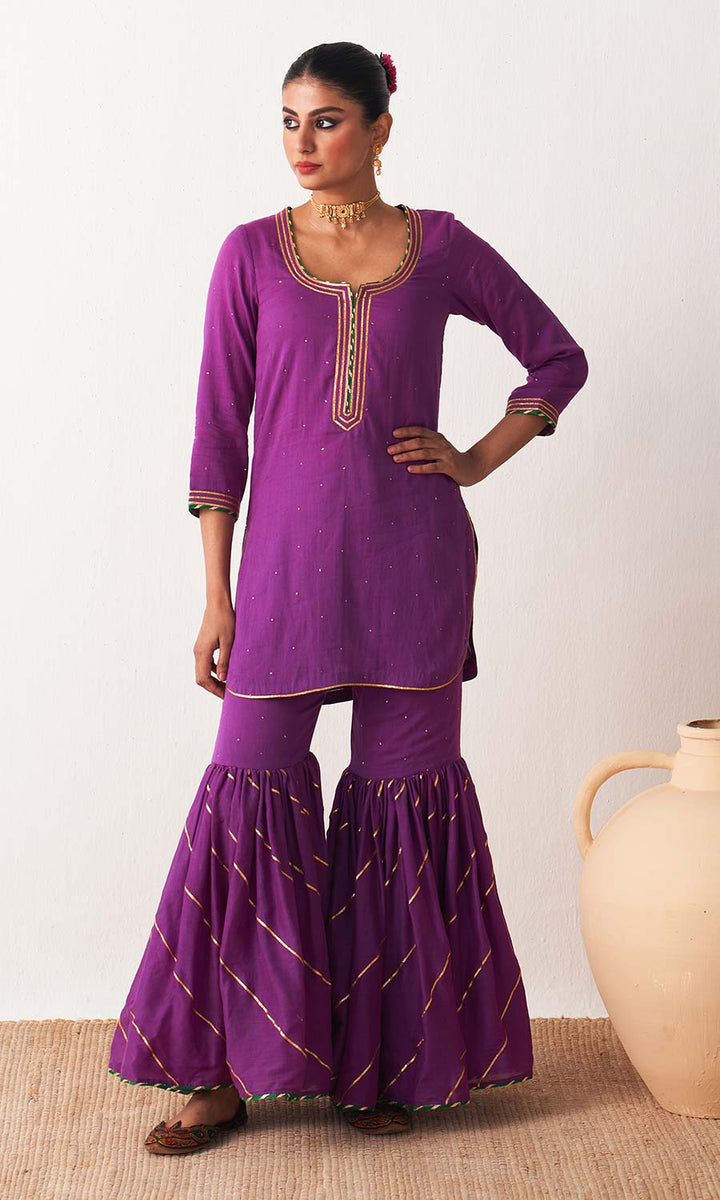 Kimaya 2.0 Block Print Wine Solid Mukaish Kurta with Gota Work Garara and Duaptta ( set of 3)