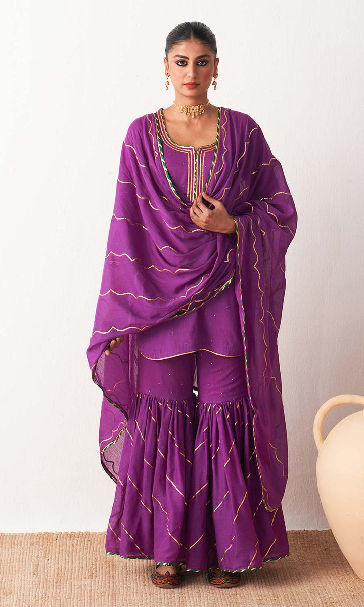 Kimaya 2.0 Block Print Wine Solid Mukaish Kurta with Gota Work Garara and Duaptta ( set of 3)