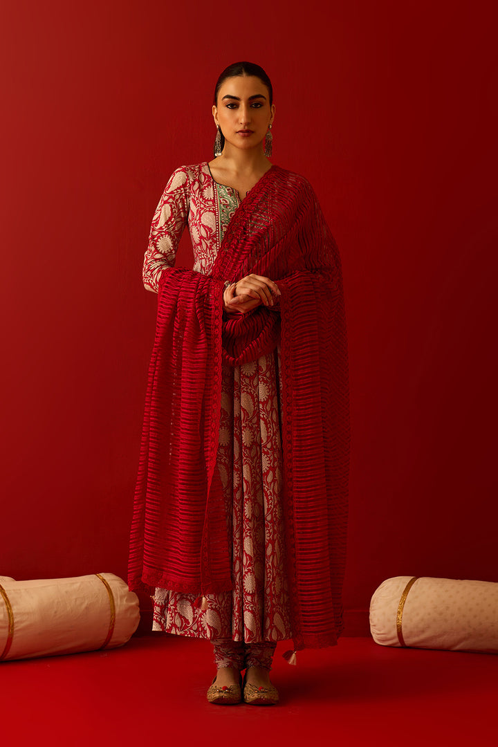 Chaand Raat Red Block printed anarkali with churidar and dupatta (set of 3)