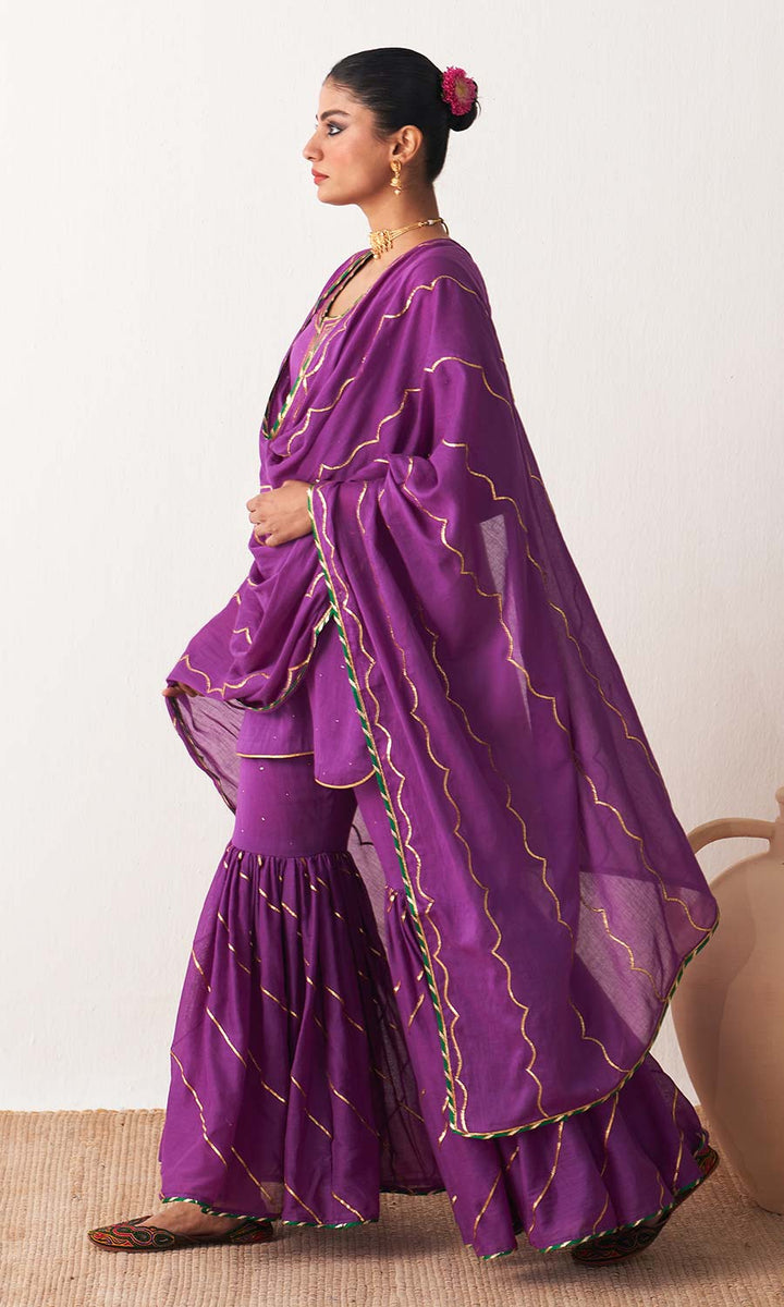 Kimaya 2.0 Block Print Wine Solid Mukaish Kurta with Gota Work Garara and Duaptta ( set of 3)