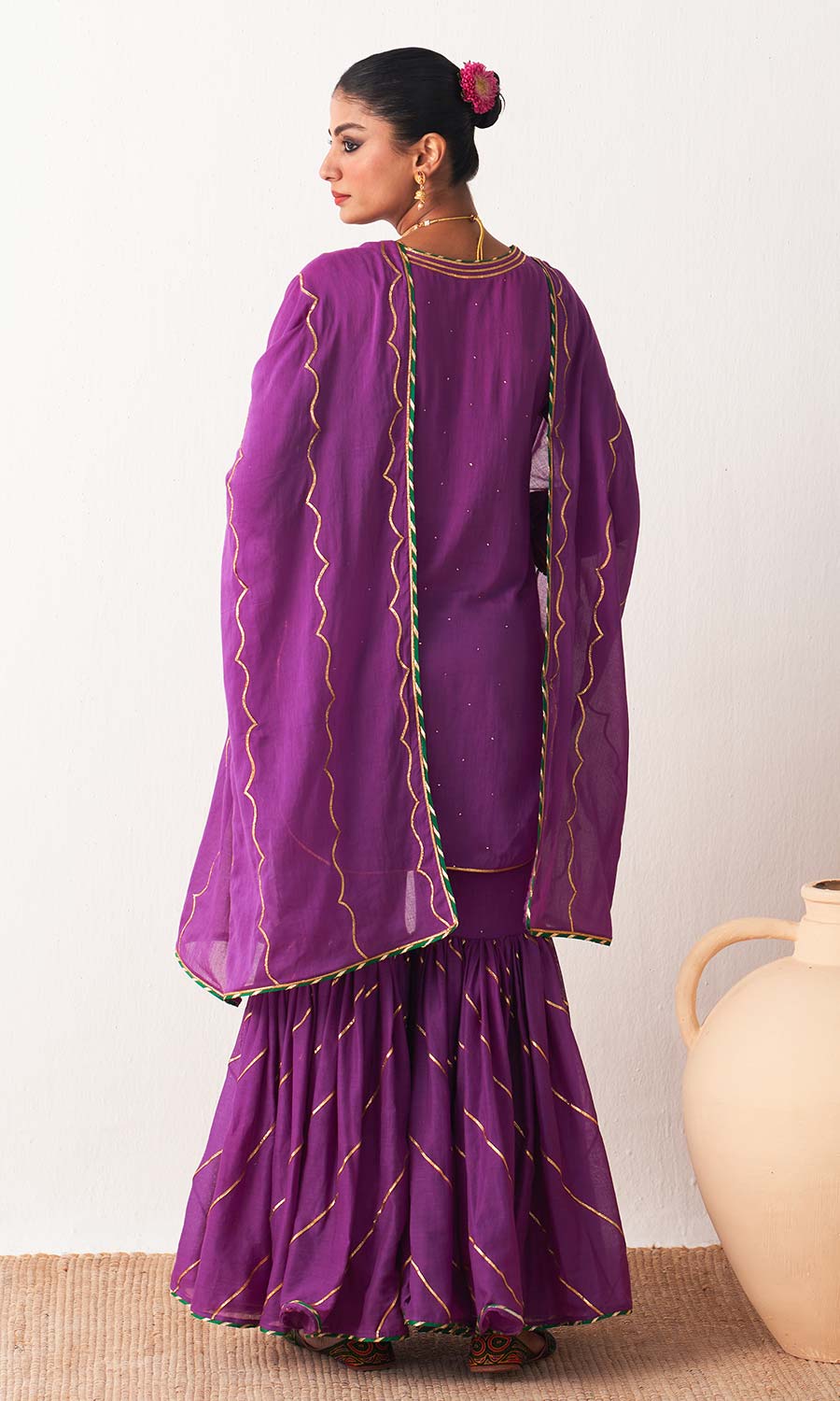 Kimaya 2.0 Block Print Wine Solid Mukaish Kurta with Gota Work Garara and Duaptta ( set of 3)