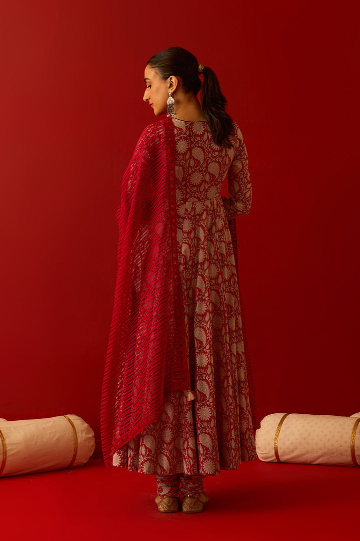 Chaand Raat Red Block printed anarkali with churidar and dupatta (set of 3)