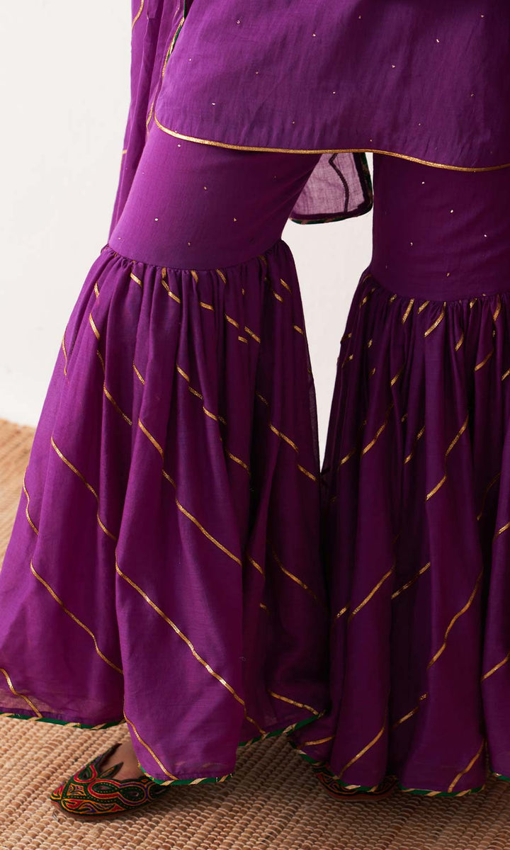 Kimaya 2.0 Block Print Wine Solid Mukaish Kurta with Gota Work Garara and Duaptta ( set of 3)