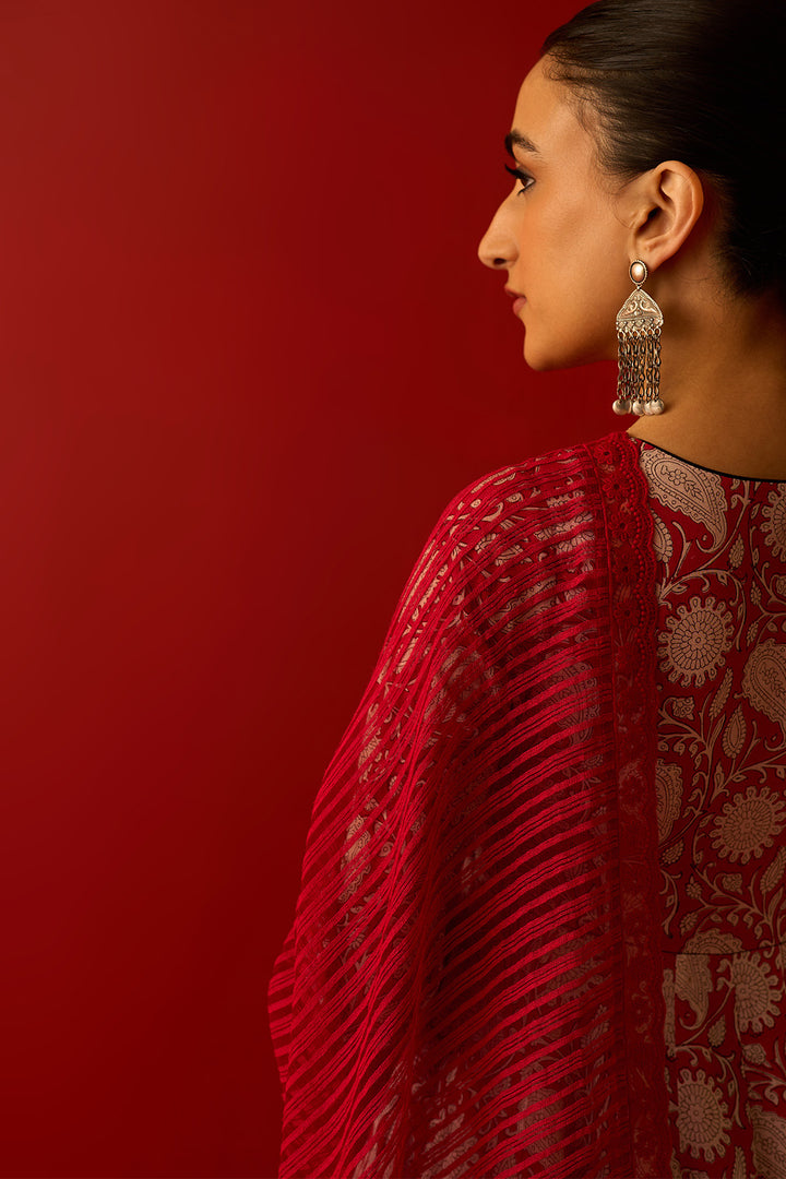 Chaand Raat Red Block printed anarkali with churidar and dupatta (set of 3)