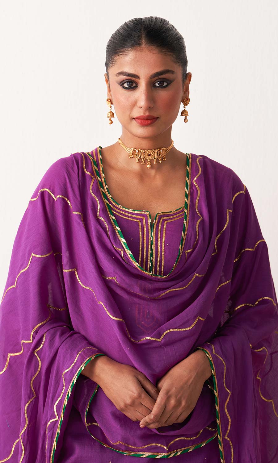 Kimaya 2.0 Block Print Wine Solid Mukaish Kurta with Gota Work Garara and Duaptta ( set of 3)