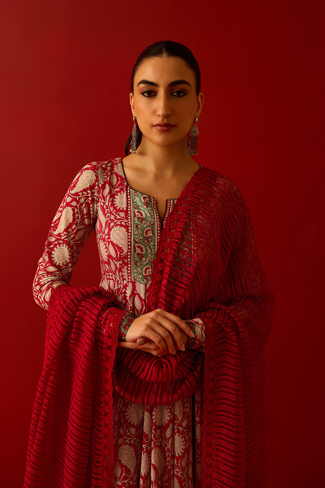 Chaand Raat Red Block printed anarkali with churidar and dupatta (set of 3)