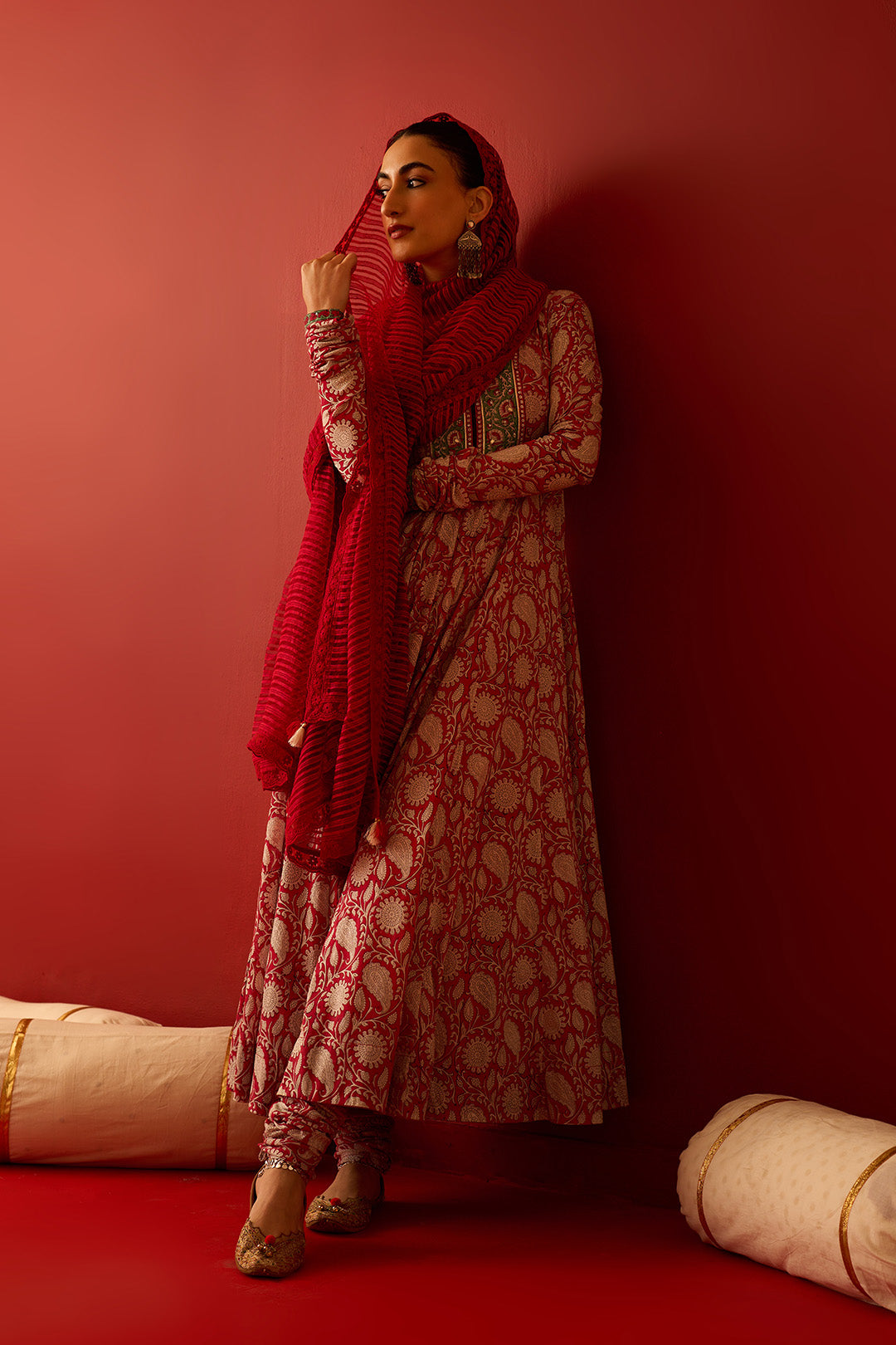 Chaand Raat Red Block printed anarkali with churidar and dupatta (set of 3)