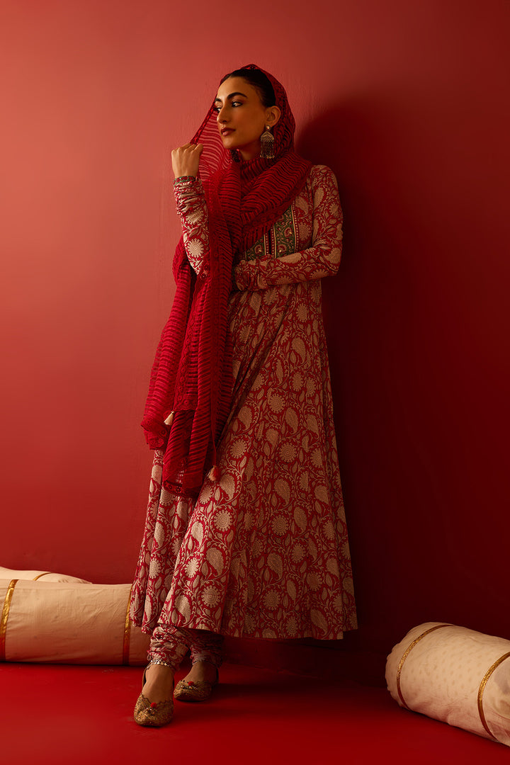 Chaand Raat Red Block printed anarkali with churidar and dupatta (set of 3)