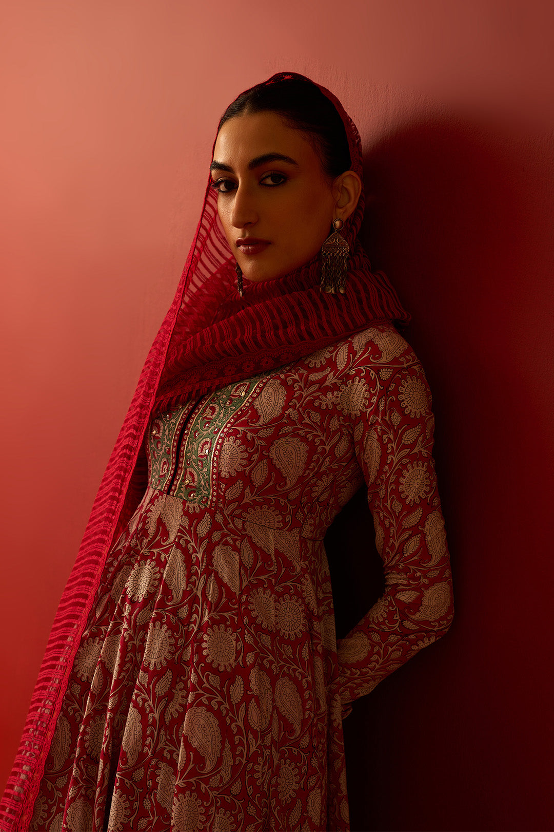 Chaand Raat Red Block printed anarkali with churidar and dupatta (set of 3)