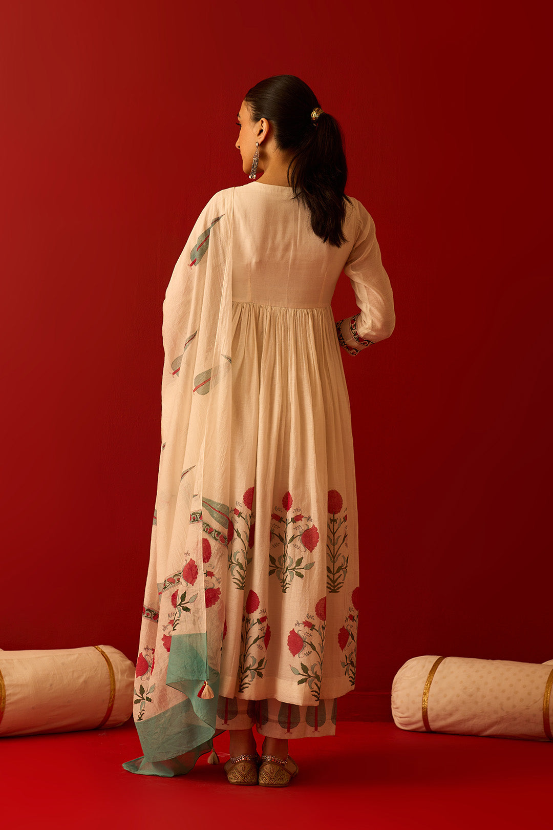 Chaand Raat Off White Mughal block printed cross v-neck kurta with palazzo and dupatta (set of 3)