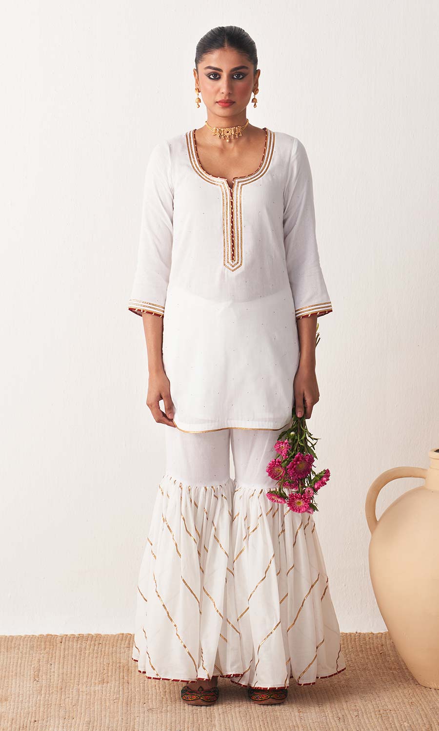 Kimaya 2.0 Block Print White Solid Mukaish Kurta with Gota Work Garara and Duaptta ( set of 3)