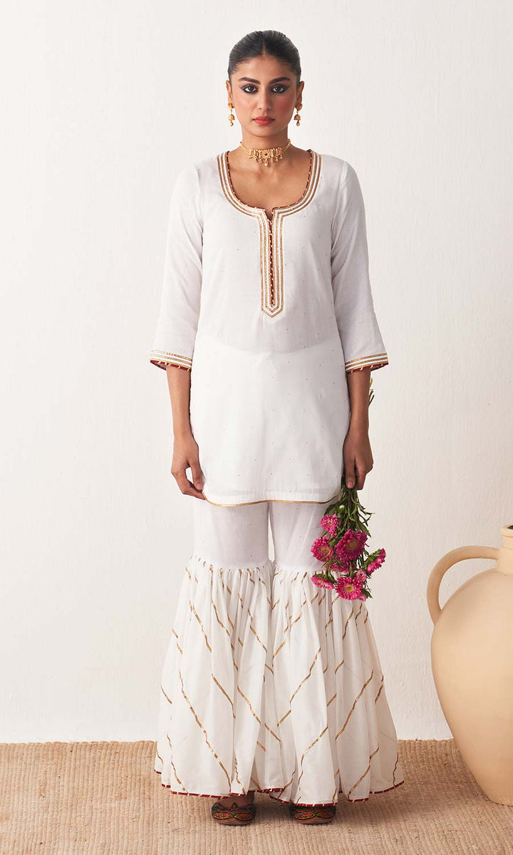 Kimaya 2.0 Block Print White Solid Mukaish Kurta with Gota Work Garara and Duaptta ( set of 3)