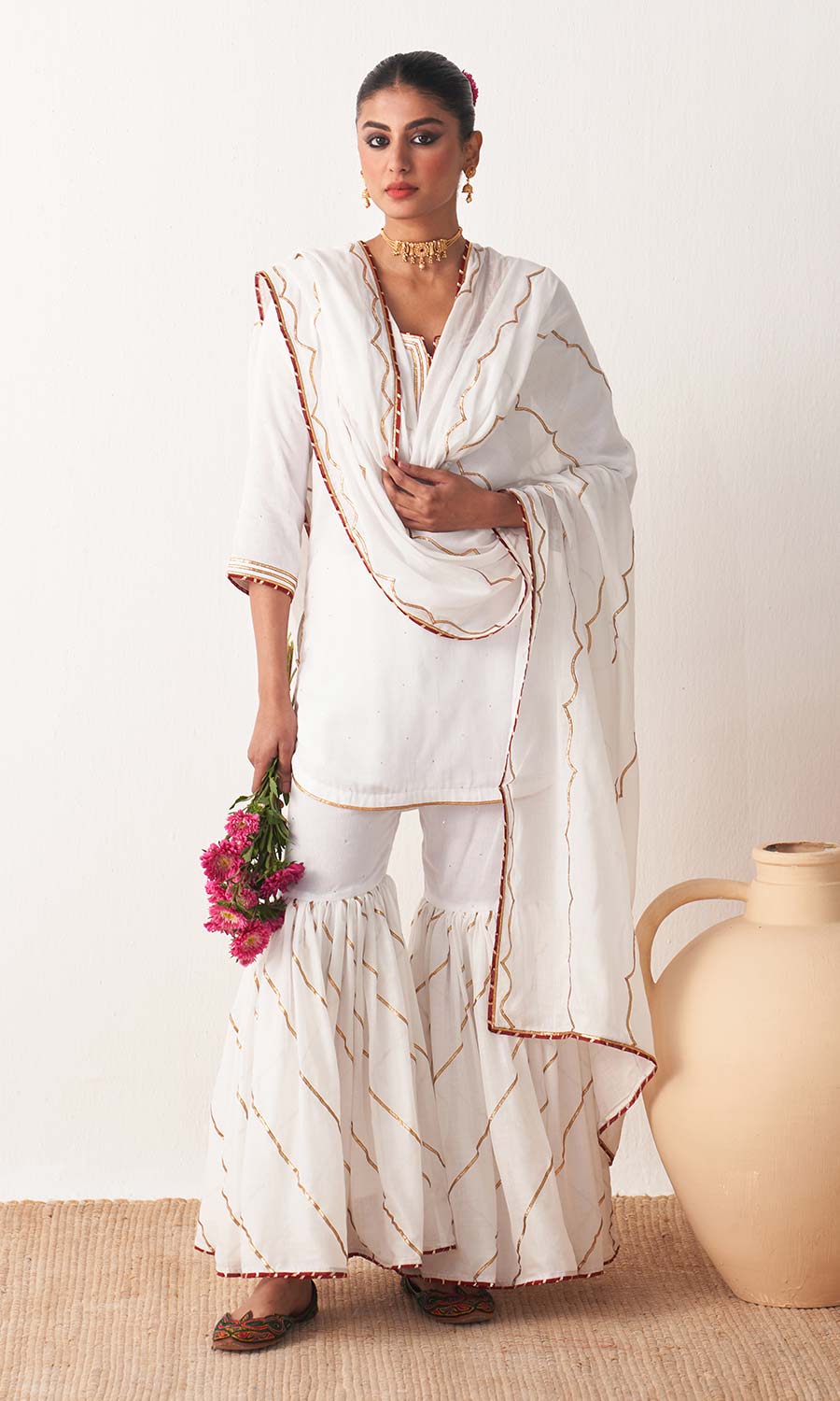 Kimaya 2.0 Block Print White Solid Mukaish Kurta with Gota Work Garara and Duaptta ( set of 3)