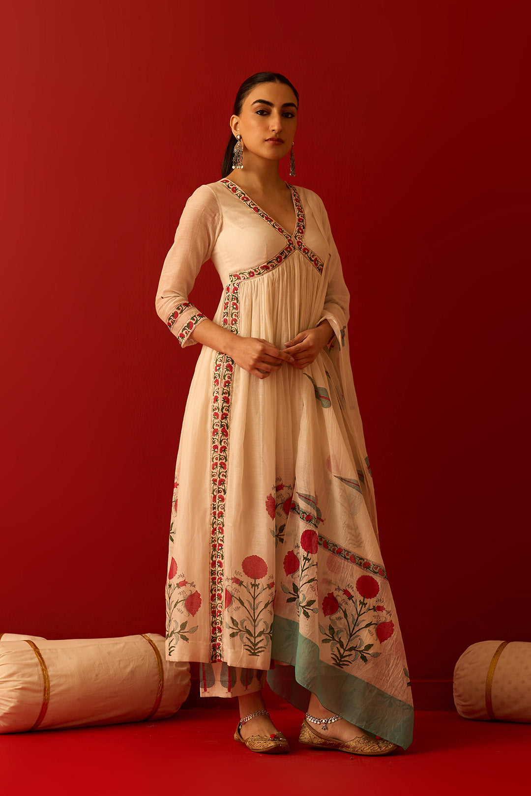 Chaand Raat Off White Mughal block printed cross v-neck kurta with palazzo and dupatta (set of 3)