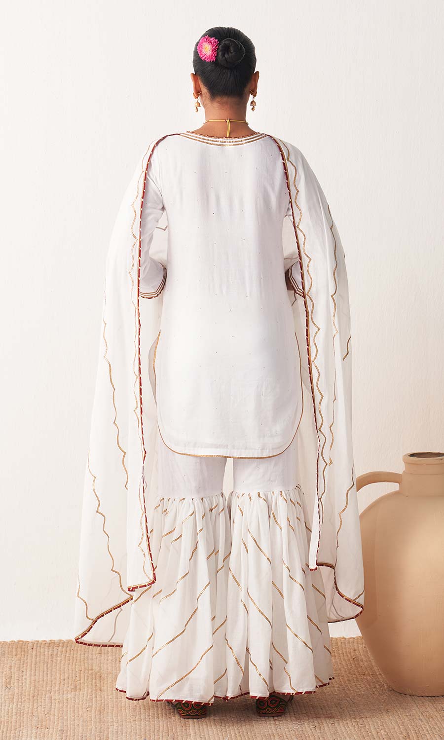 Kimaya 2.0 Block Print White Solid Mukaish Kurta with Gota Work Garara and Duaptta ( set of 3)