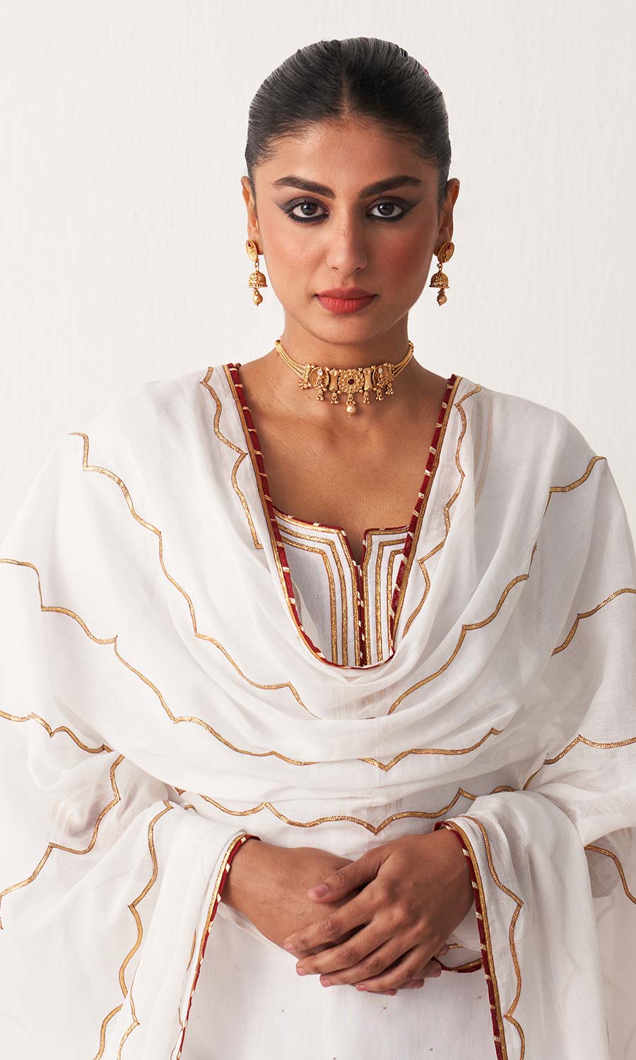 Kimaya 2.0 Block Print White Solid Mukaish Kurta with Gota Work Garara and Duaptta ( set of 3)