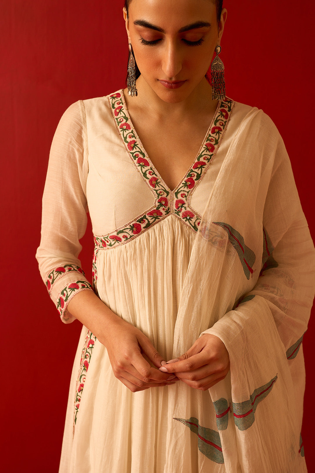 Chaand Raat Off White Mughal block printed cross v-neck kurta with palazzo and dupatta (set of 3)