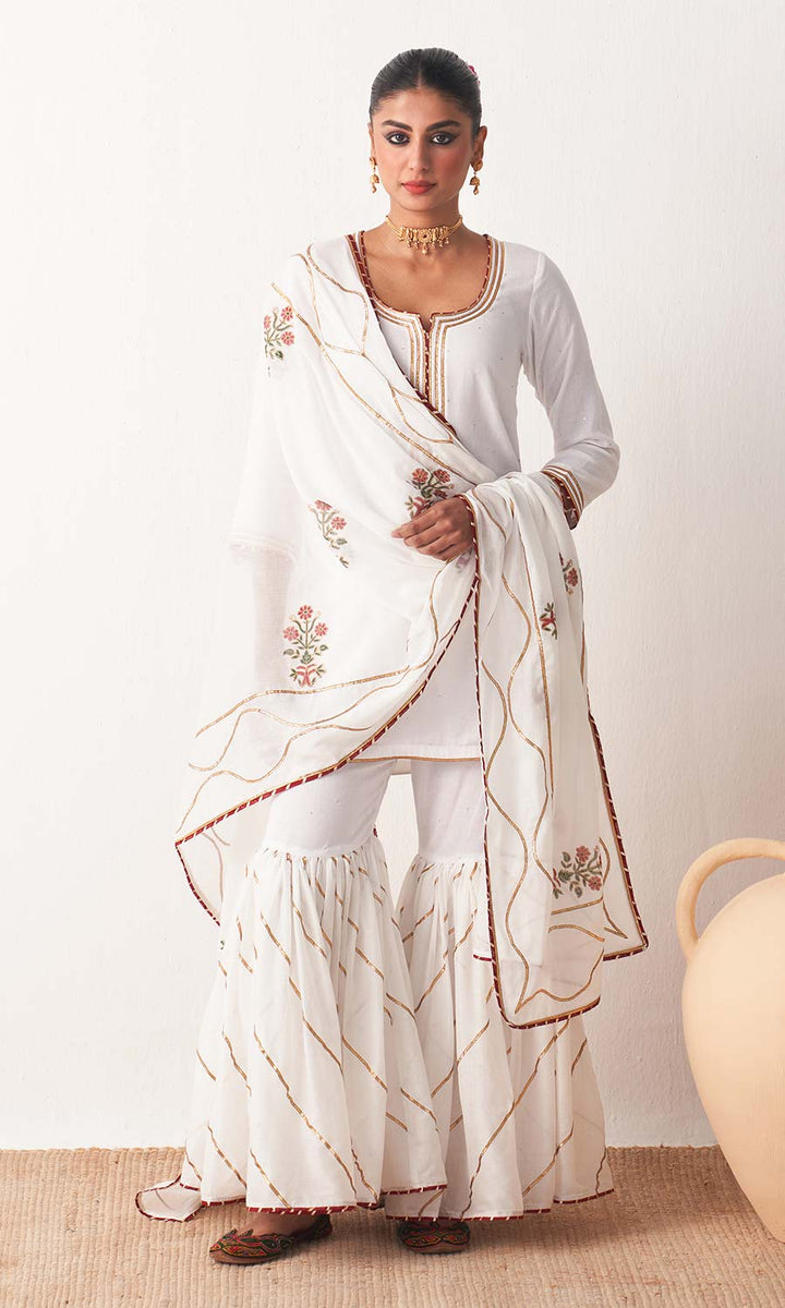 Kimaya 2.0 Block Print White Solid Mukaish Kurta with Gota Work Garara and Duaptta ( set of 3)