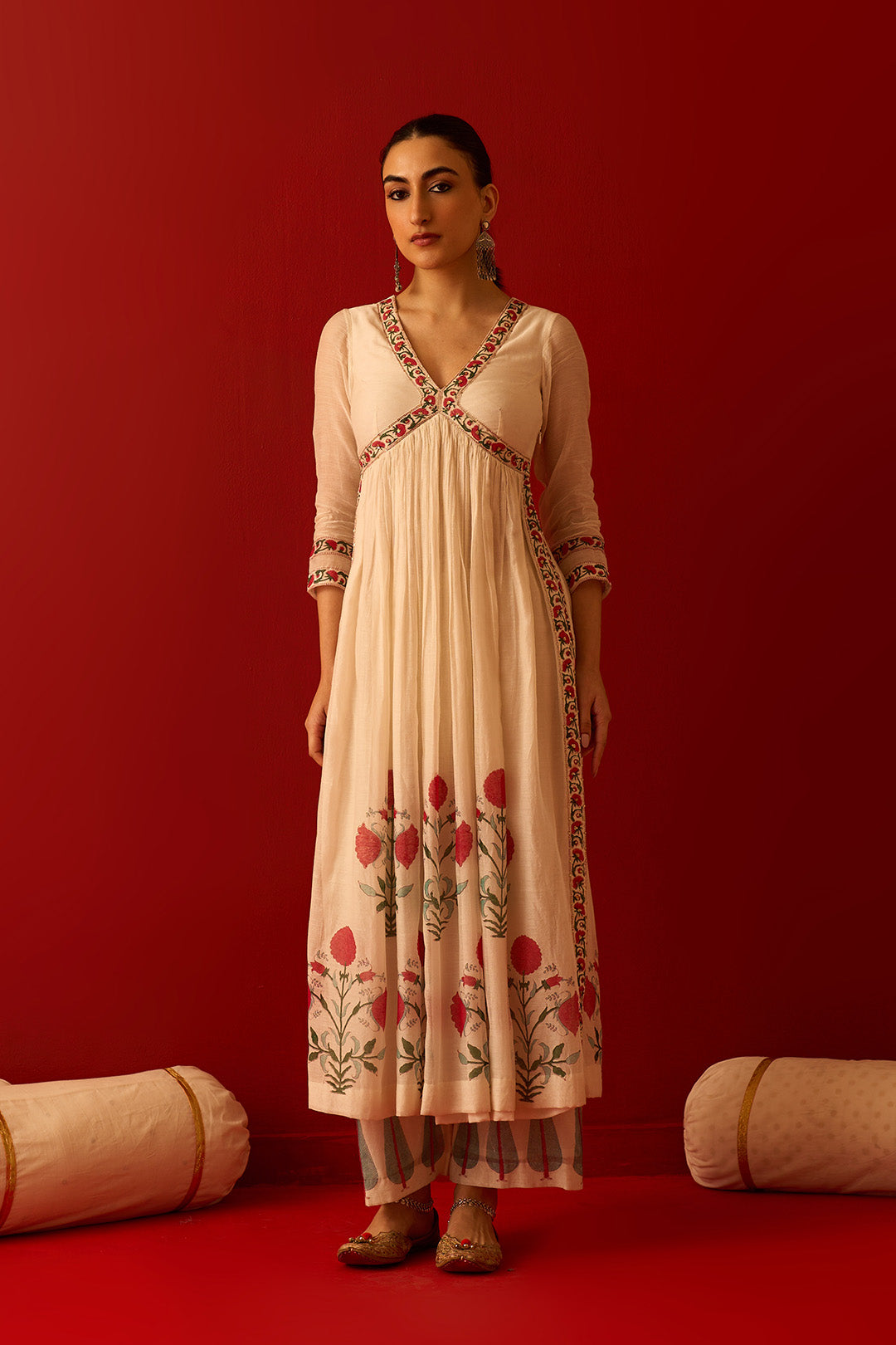 Chaand Raat Off White Mughal block printed cross v-neck kurta with palazzo and dupatta (set of 3)