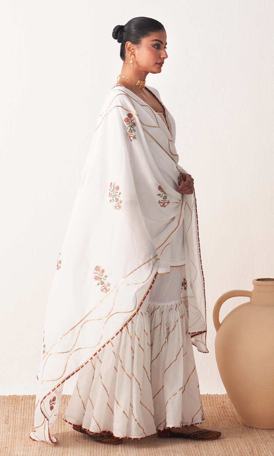 Kimaya 2.0 Block Print White Solid Mukaish Kurta with Gota Work Garara and Duaptta ( set of 3)