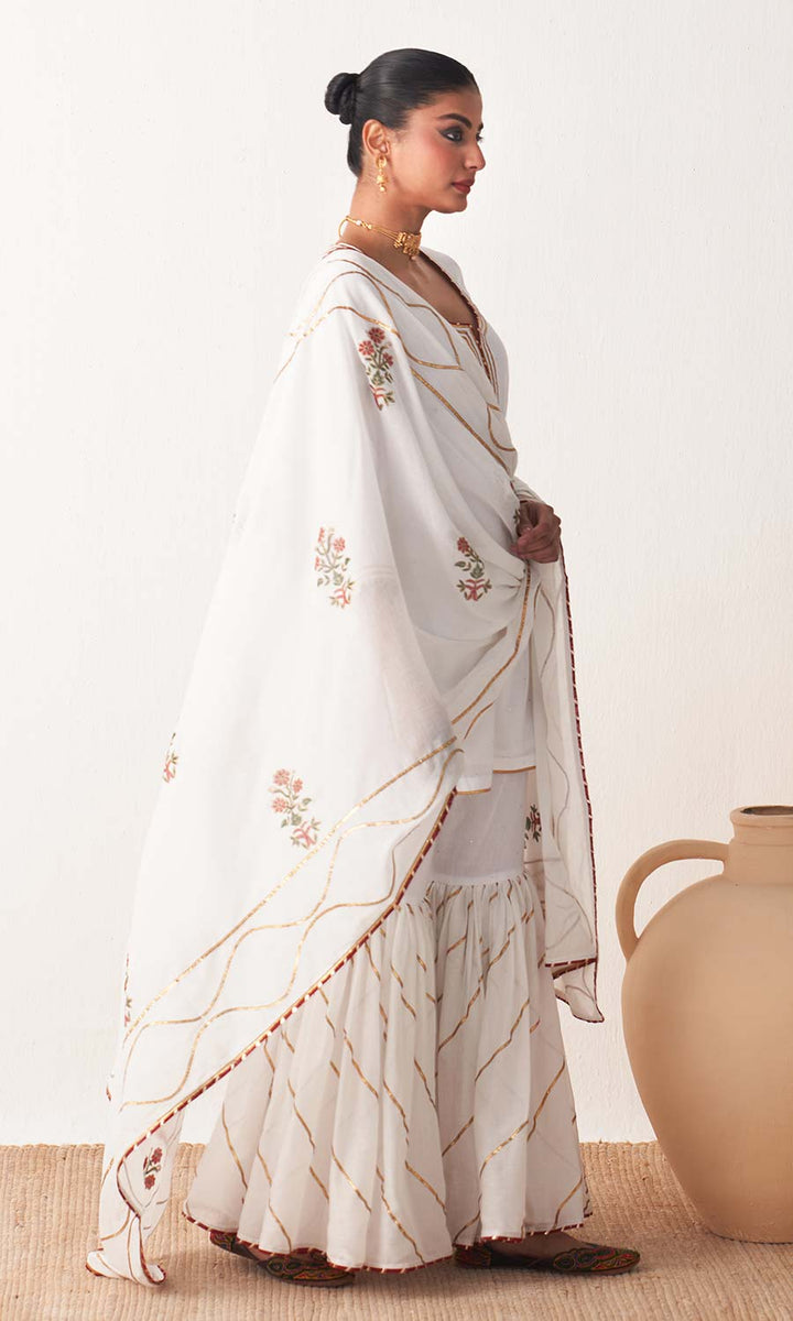 Kimaya 2.0 Block Print White Solid Mukaish Kurta with Gota Work Garara and Duaptta ( set of 3)