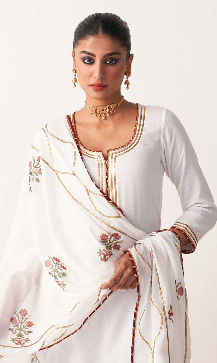 Kimaya 2.0 Block Print White Solid Mukaish Kurta with Gota Work Garara and Duaptta ( set of 3)