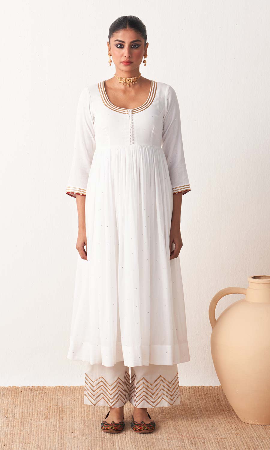 Kimaya 2.0 White Mukaish Solid Anarkali with Palazzo and Block Printed Dupatta (set Of 3)