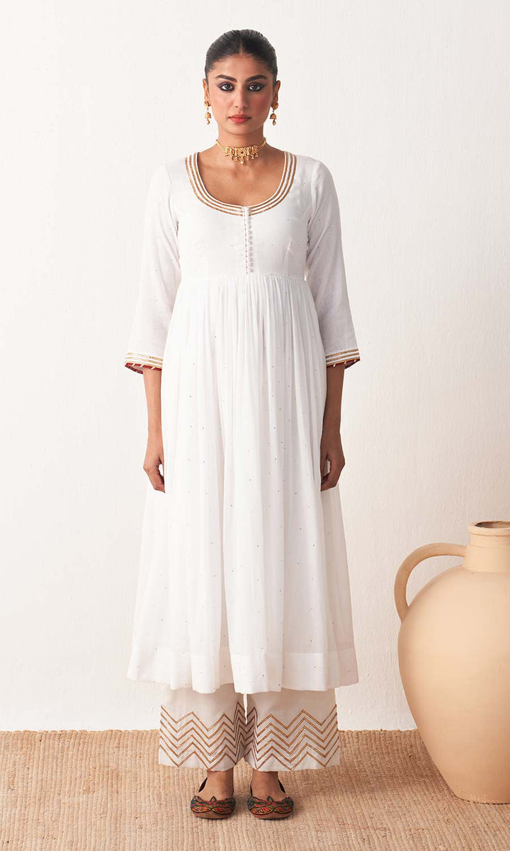 Kimaya 2.0 White Mukaish Solid Anarkali with Palazzo and Block Printed Dupatta (set Of 3)