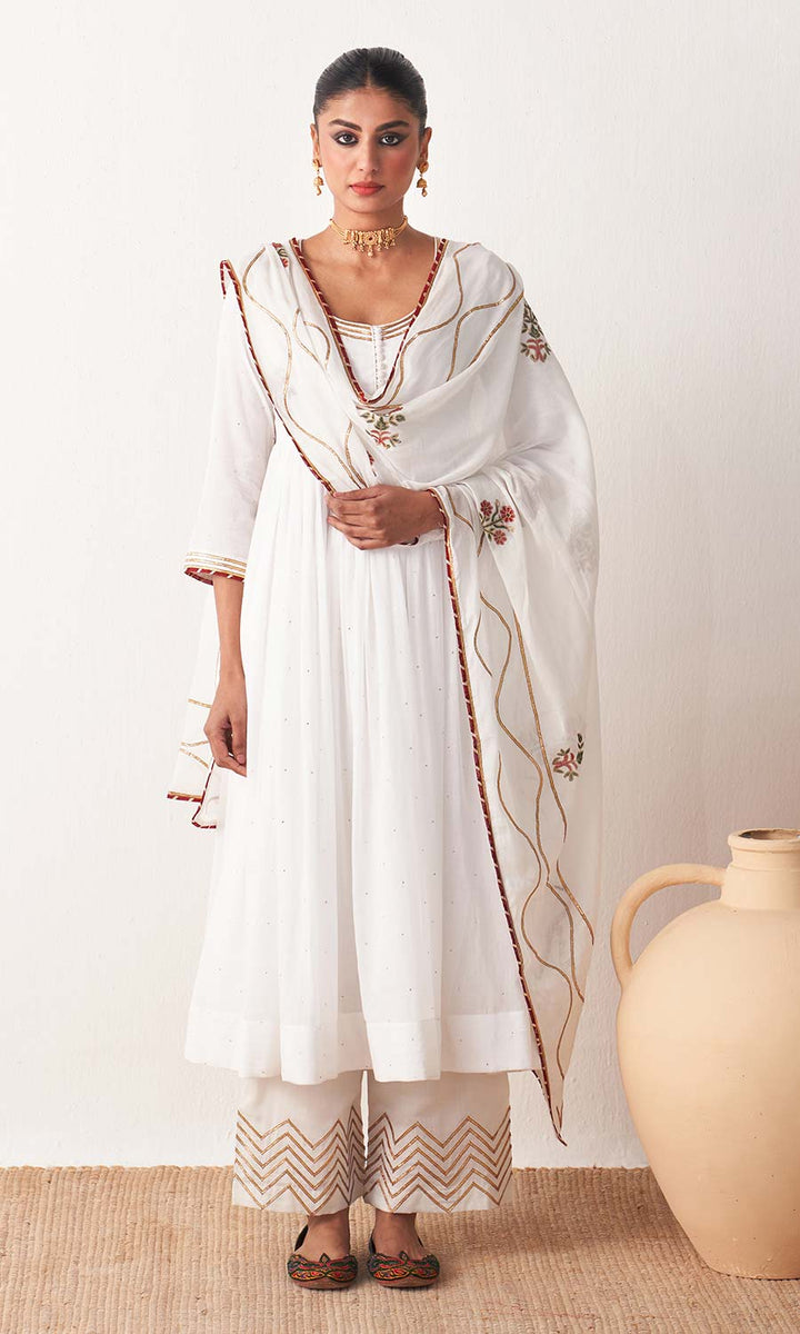 Kimaya 2.0 White Mukaish Solid Anarkali with Palazzo and Block Printed Dupatta (set Of 3)