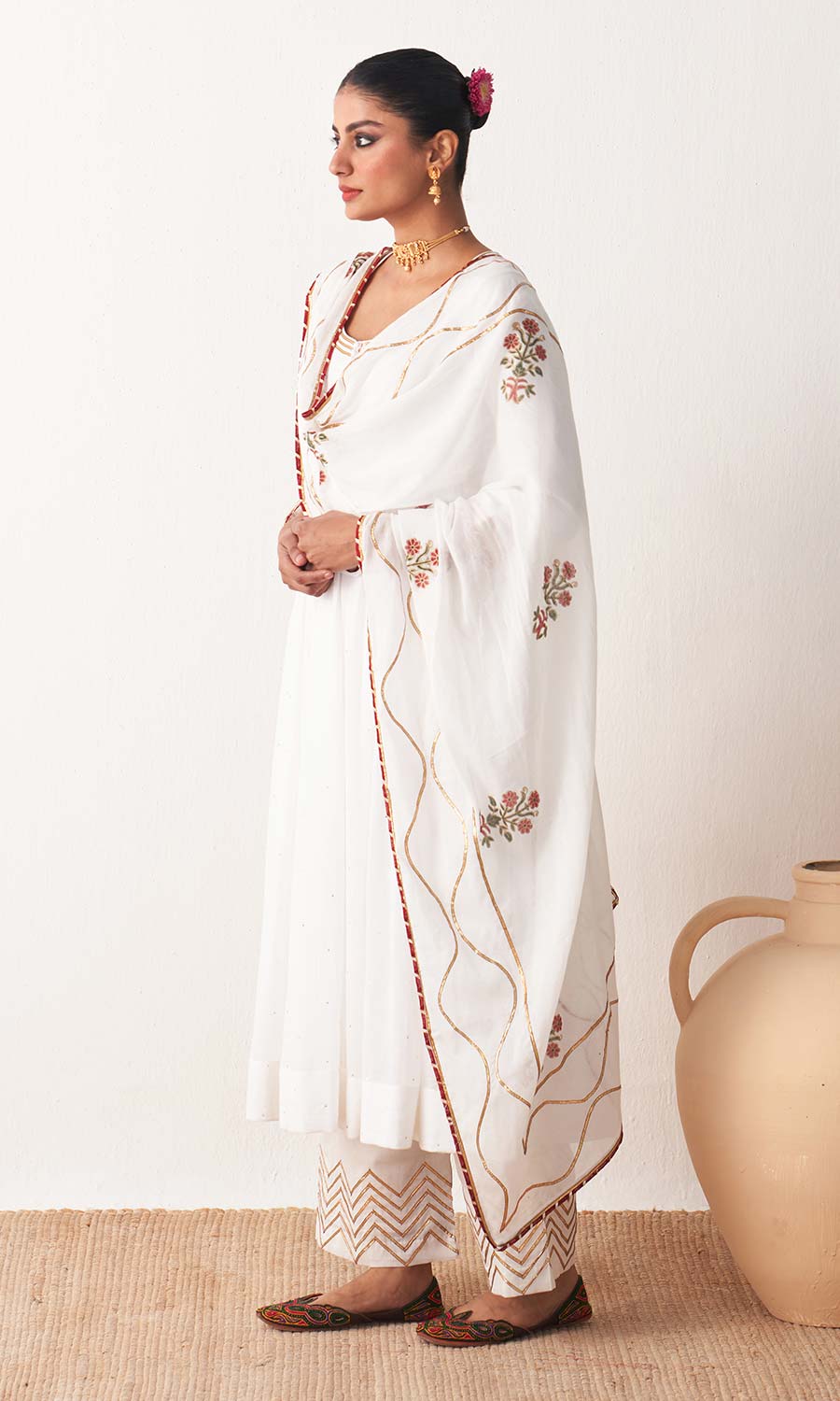 Kimaya 2.0 White Mukaish Solid Anarkali with Palazzo and Block Printed Dupatta (set Of 3)