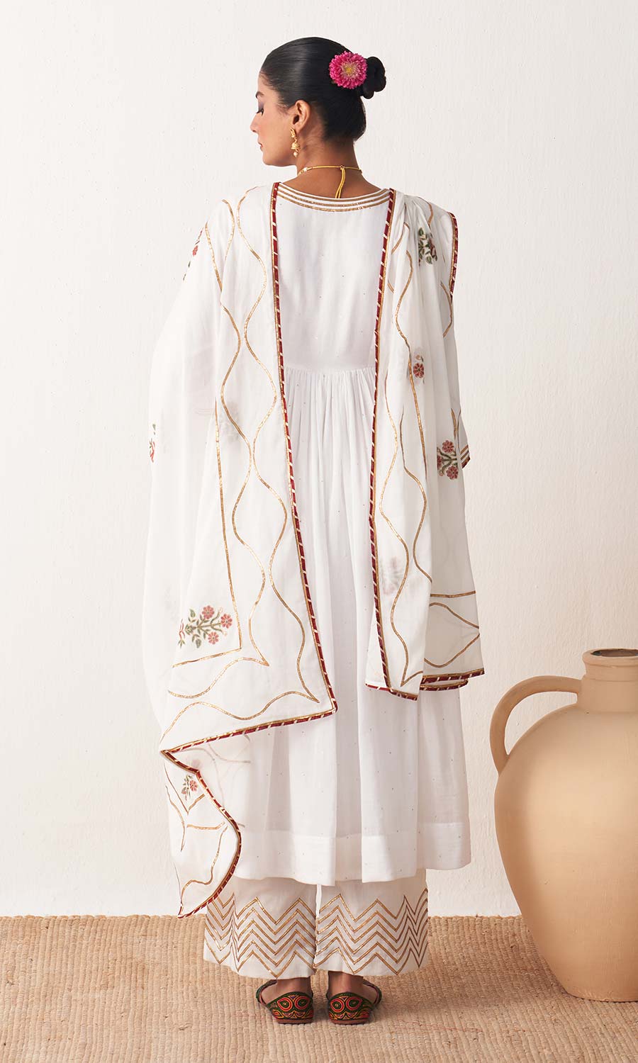 Kimaya 2.0 White Mukaish Solid Anarkali with Palazzo and Block Printed Dupatta (set Of 3)